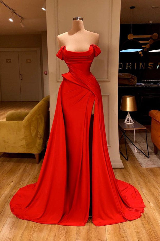 Red Off The Shoulder Long Prom Dress With Split