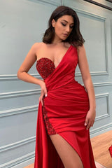 Red One Shoulder Slit Prom Dress Long With Sequins Beadings