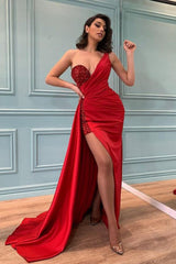 Red One Shoulder Slit Prom Dress Long With Sequins Beadings