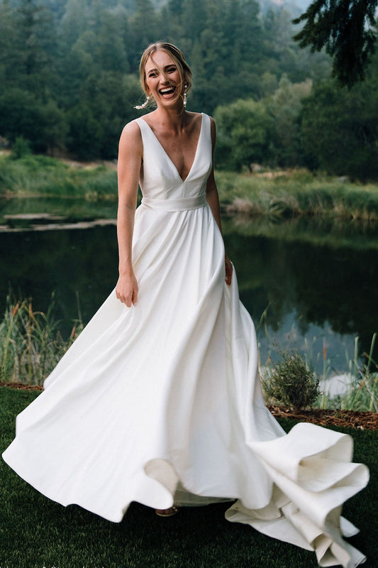 Ivory Satin Wedding Dress V Neck Backless A Line Bridal Dress