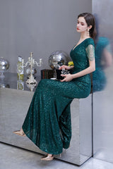 Shining Sequined Emerald Green Mermaid Cap Sleeve Long Prom Party Gowns