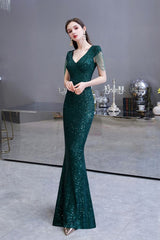 Shining Sequined Emerald Green Mermaid Cap Sleeve Long Prom Party Gowns