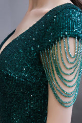 Shining Sequined Emerald Green Mermaid Cap Sleeve Long Prom Party Gowns