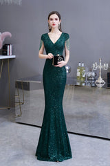 Shining Sequined Emerald Green Mermaid Cap Sleeve Long Prom Party Gowns