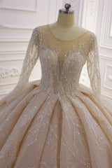 Shiny Ball Gown Tulle Jewel Neck Long Sleeves Wedding Dress