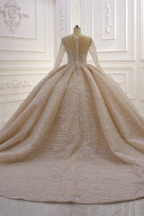 Shiny Ball Gown Tulle Jewel Neck Long Sleeves Wedding Dress