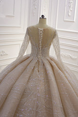 Shiny Ball Gown Tulle Jewel Neck Long Sleeves Wedding Dress