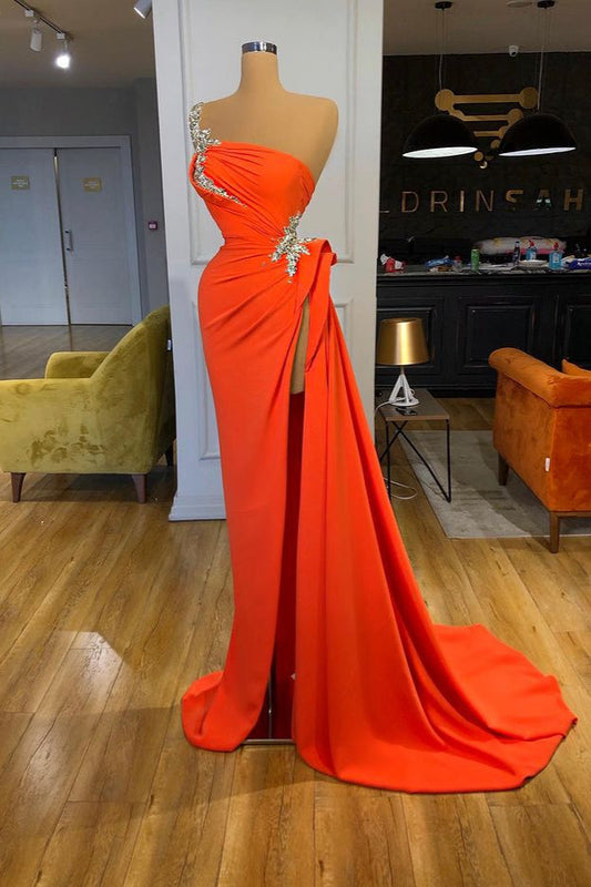 Silver Sequined One Shoulder Orange High Split Prom Dress