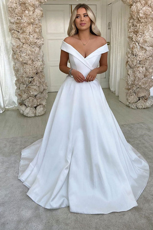 White Off The Shoulder Wedding Dress A Line Satin Bridal Dress