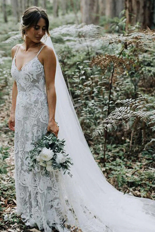 Spaghetti Straps White Floral Lace Simple Wedding Dress