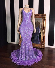 Spaghetti V Neck Sequins Floor Length Fur Train Mermaid Prom Dress