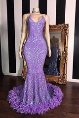 Spaghetti V Neck Sequins Floor Length Fur Train Mermaid Prom Dress