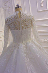 Sparkly Lace Ball Gown High Neck Tull Long Sleeves Wedding Dress