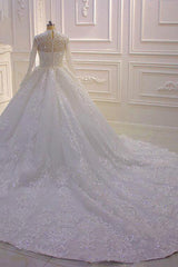 Sparkly Lace Ball Gown High Neck Tull Long Sleeves Wedding Dress