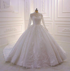 Sparkly Lace Ball Gown High Neck Tull Long Sleeves Wedding Dress