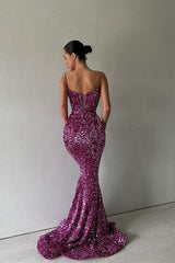 Sparkle Purple Spaghetti Strap Sequin Mermaid Long Prom Dress