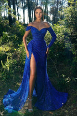 Sparkle Royal Blue One Sleeve Off The Shoulder High Split Prom Dress