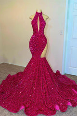 Sparkle Sequined Fuchsia High Neck Mermaid Keyhole Asymmetric Cut Prom Dress