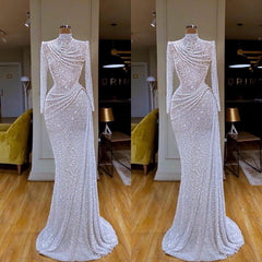 Sparkle White Sequin Long Sleeves Pleated Long Prom Dress