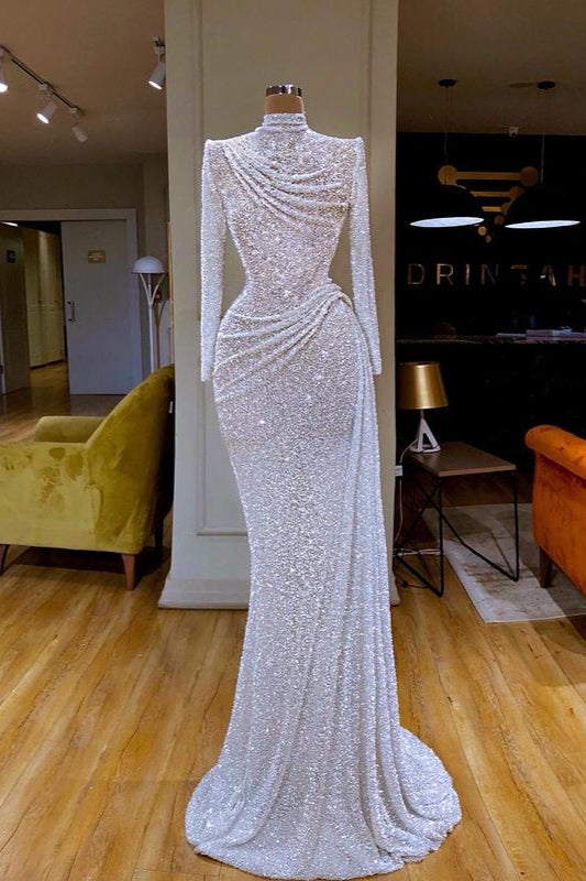 Sparkle White Sequin Long Sleeves Pleated Long Prom Dress