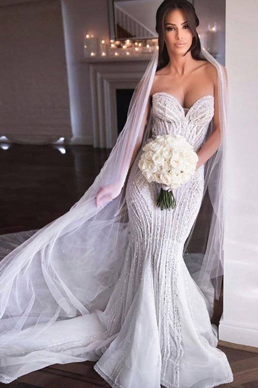 Strapless Sweetheart Beaded Mermaid Wedding Dress Appliques Tulle Bridal Dress