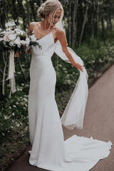 White Beach Wedding Dress Mermaid Spaghetti Straps Satin Bridal Dress