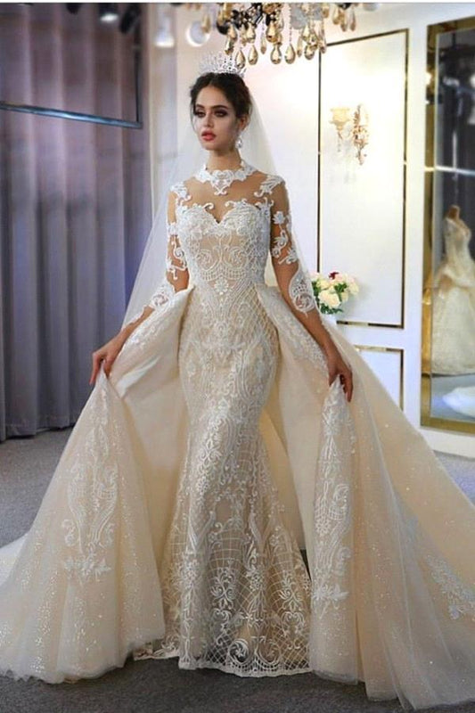 Champagne High Neck Mermaid Lace Ivory Wedding Dress With Panel Train