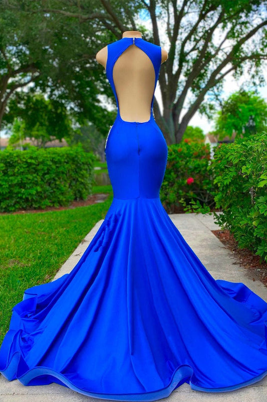 V Neck Mermaid Appliques Lace Sequined Open Back One Shoulder Floor Length Sleeveless Prom Dress