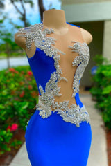 V Neck Mermaid Appliques Lace Sequined Open Back One Shoulder Floor Length Sleeveless Prom Dress