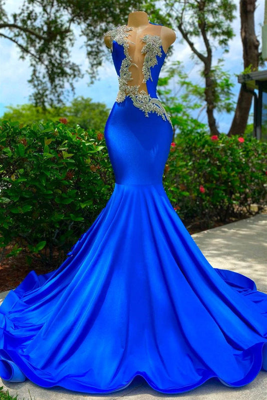 V Neck Mermaid Appliques Lace Sequined Open Back One Shoulder Floor Length Sleeveless Prom Dress