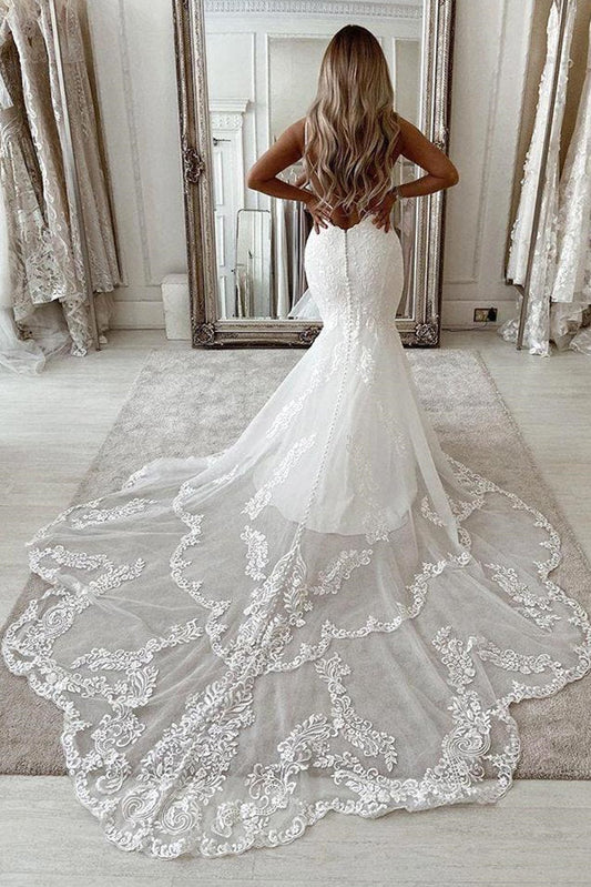 Ivory Mermaid Wedding Dress Lace Tulle Bridal Dress