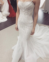 White Sleeveless Mermaid Beaded Wedding Dress With Panel Train