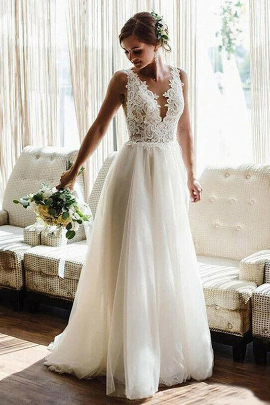 Ivory V Neck Lace Tulle Bridal Dress A Line Beach Wedding Dress