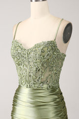 Sparkly Mermaid Sage Spaghetti Straps Lace-up Back Prom Dress With Slit