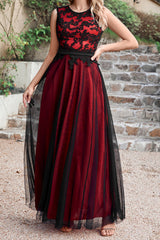 Black Red Crew Neck Lace Tulle Sleeveless Prom Dress