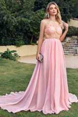 Pink Bridesmaid Dress Halter Chiffon Lace Sleeveless Prom Dress